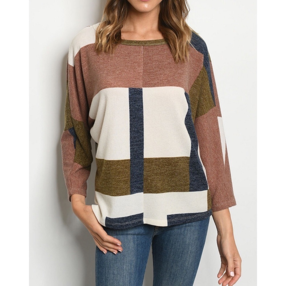 BROWN IVORY COLOR BLOCK SWEATER